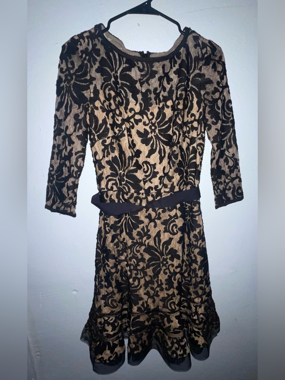 Tadashi Shoji Black Lace Overlay Dress with Nude Underlay